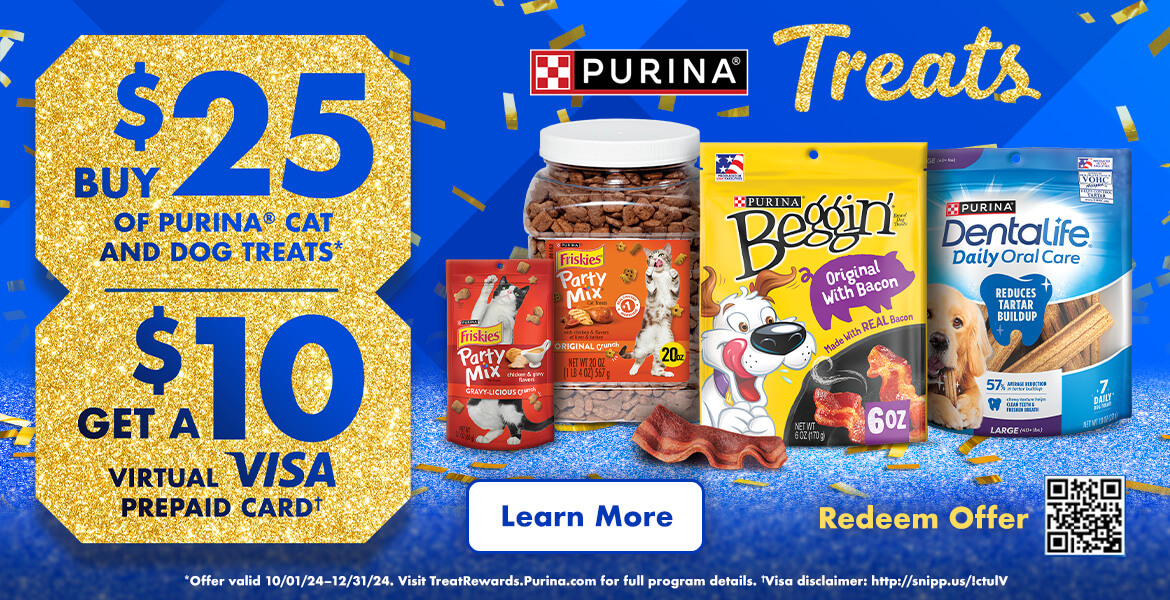 Buy $25 of Purina Cat and Dog Treats, Get a $10 Prepaid Visa card