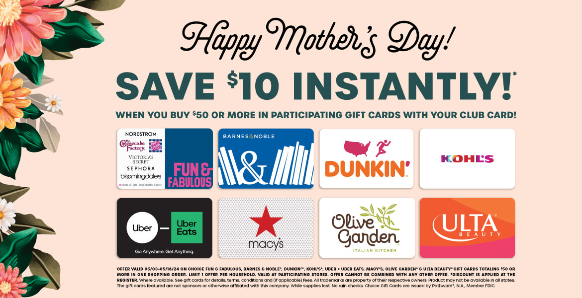 Save $10 when you buy $50 of participating gift cards in store