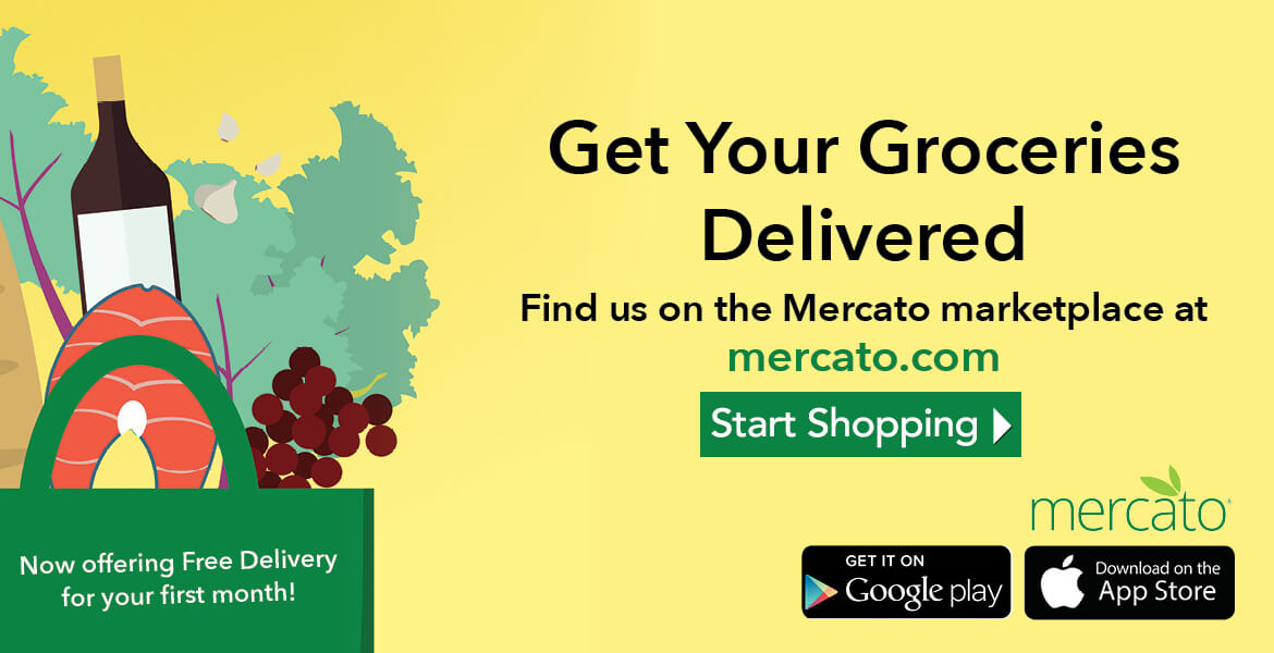 a bag of groceries with text saying get your groceries delivered. Find us on the Mercato marketplace at mercato.com. Now offering free delivery for your first month. Click to start shopping.
