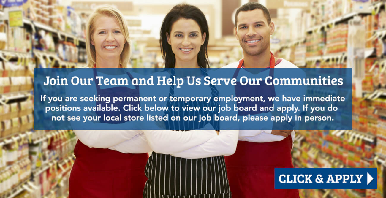 three supermarket employees. Text on the image is for job openings available. Click to apply.