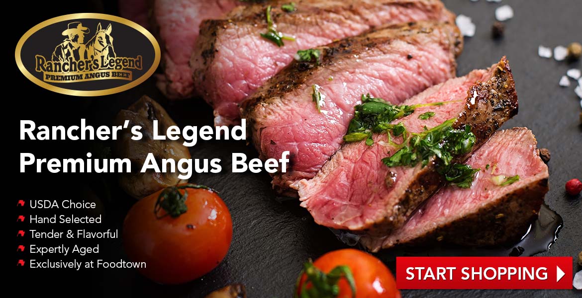 a juicy steak sliced up on a cutting board. Text on the image reads, Rancher's Legend premium angus beef. USDA choice, exclusively at Foodtown. Click to start shopping.