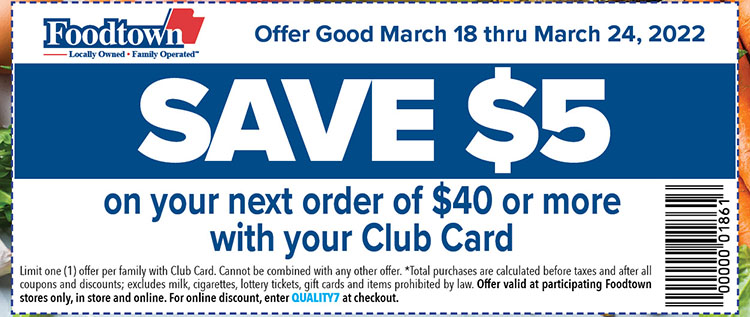 a $5 off coupon. Additional text on the image reads, save $5 on your next order of $40 or more. Offer good March 18 thru March 24, 2022.