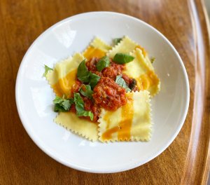 Roasted Tomato and Pepper Sauce over Ravioli