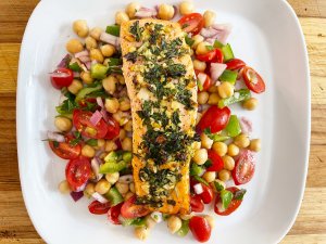 Lemon Basil Grilled Salmon Chickpea Salad