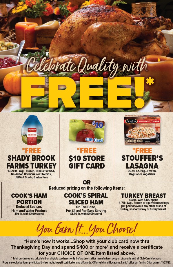 Spend $400 and Get a Free turkey or other item