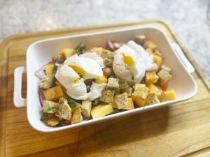 Poached Egg Cantaloupe Panzanella Salad