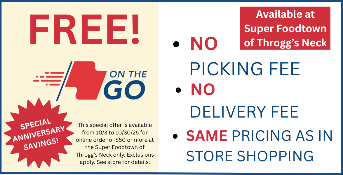 No picking or delivery fee with OTG for online orders of $50 or more.